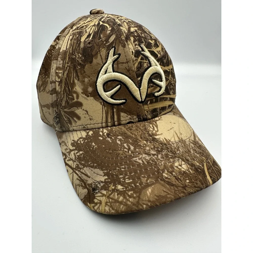 Realtree Deer Antlers Logo Hat Camo Tan Embroidered Adjustable Strap Cap Hunting